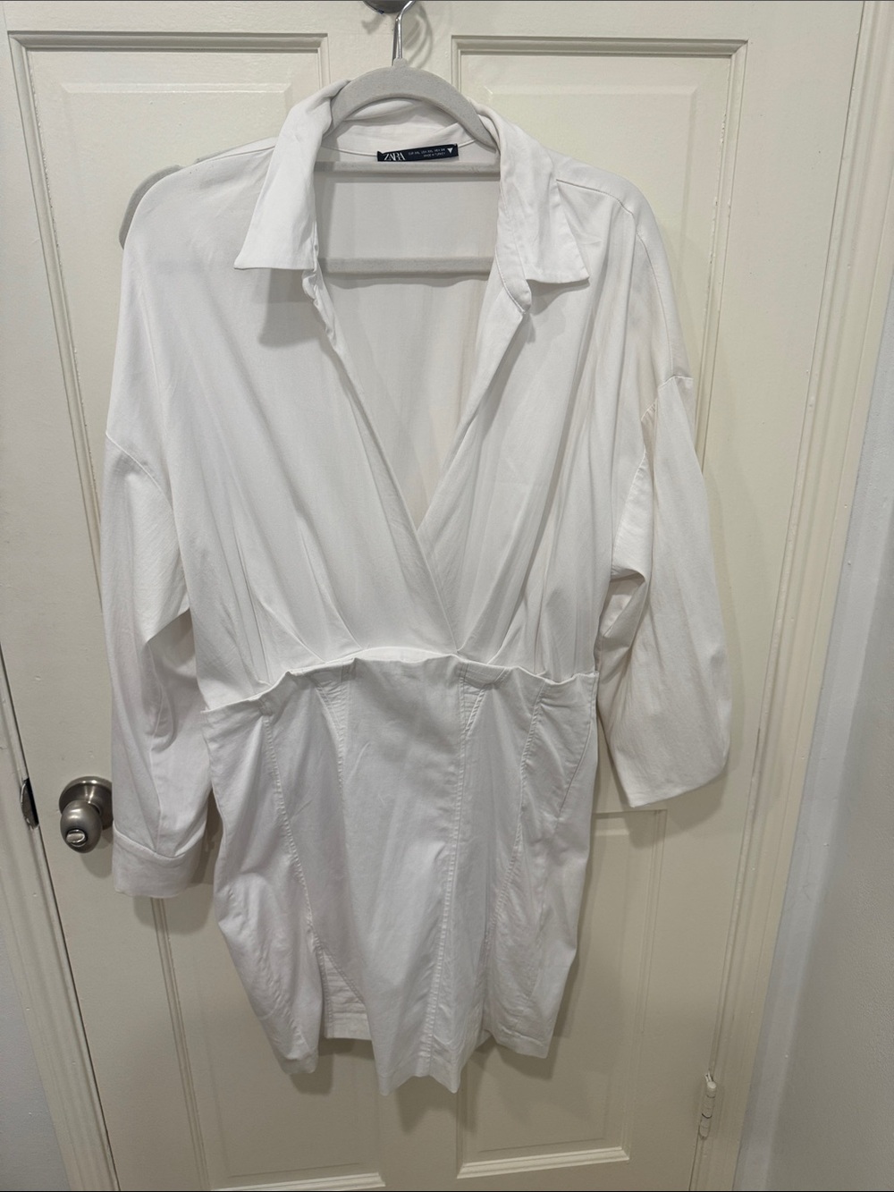 Zara White Deep V Collared Shirt Dress